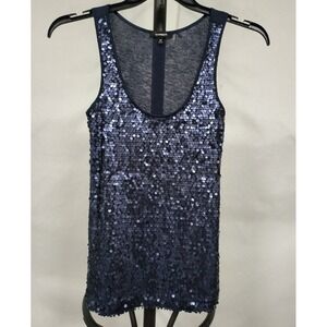 Express Womens Sequins Tank Top Navy Blue Sparkly Scoop Neck Sleeveless XS
